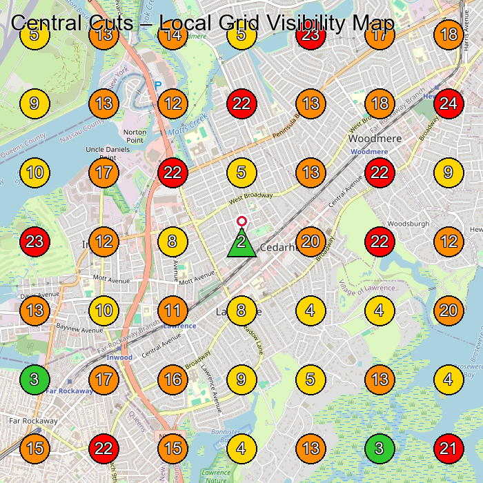 Central Cuts Barber Shop GeoGrid ranking map for Lawrence NY